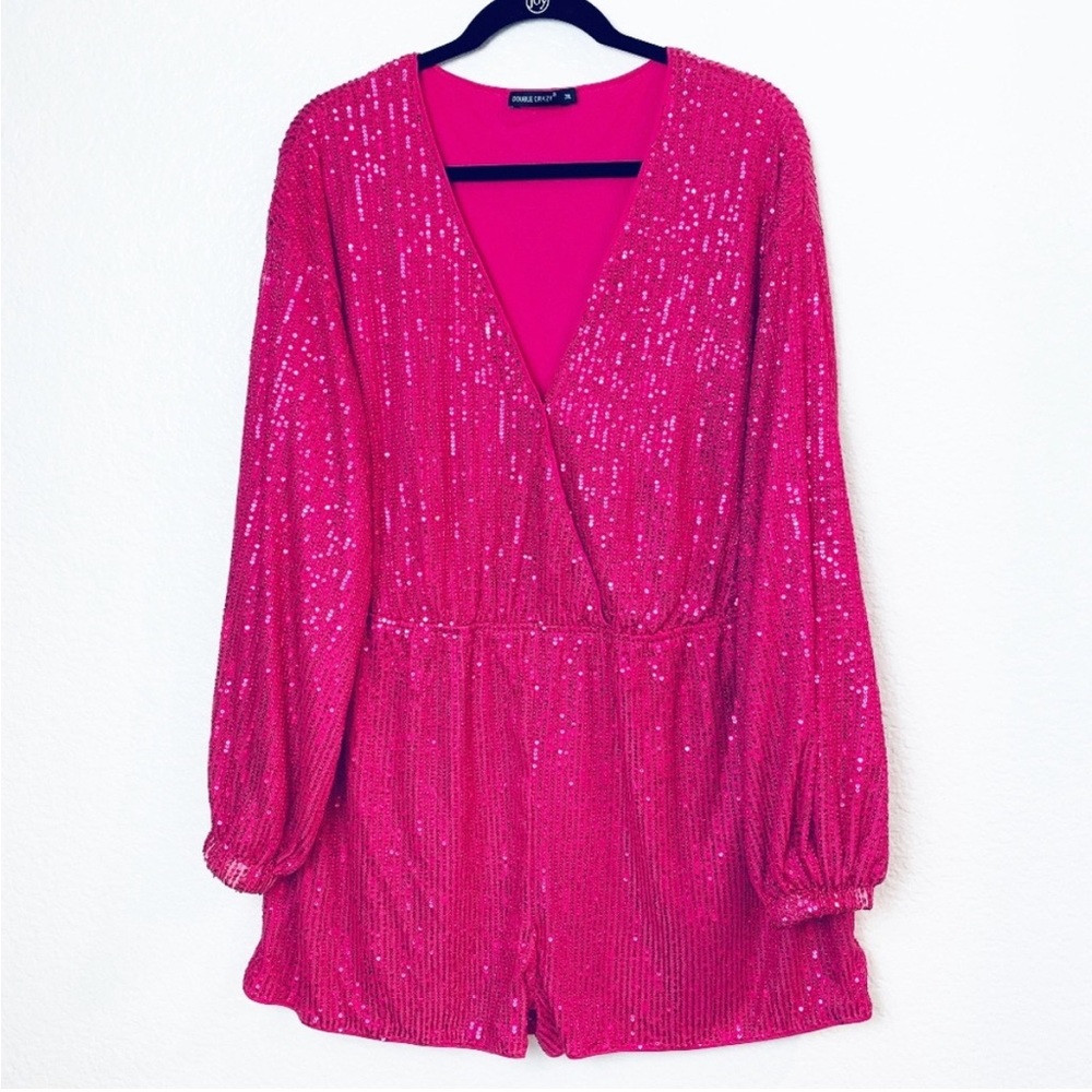 Double Crazy Fuchsia Pink Sequins Romper Playsuit 2X